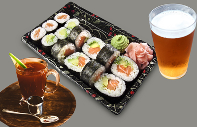 Happy hour specials including sushi, beer, and cocktails